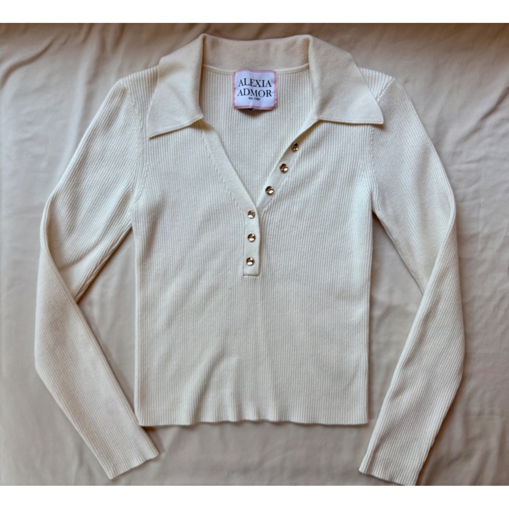 Alexia Admor Cream Ribbed Knit Polo Sweater Gold Buttons Long Sleeve XS